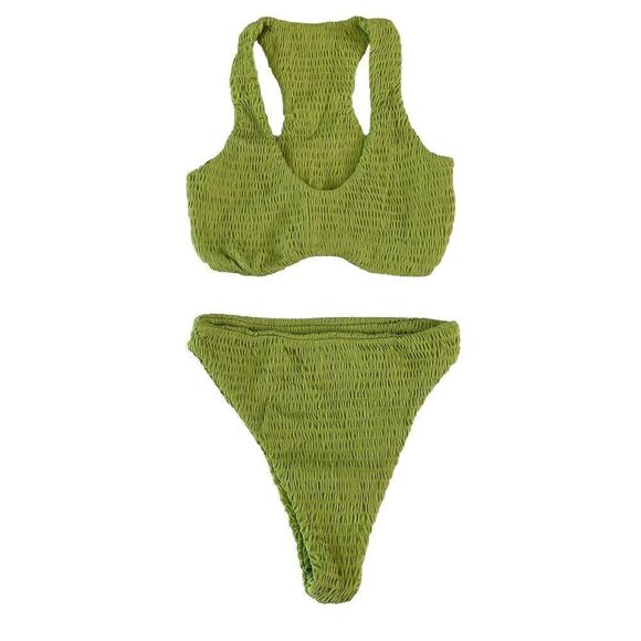 Naked Wardrobe Swim Sz Small 2-Piece Bikini Smocked Bathing Suit Lime Green NIB - Picture 1 of 7